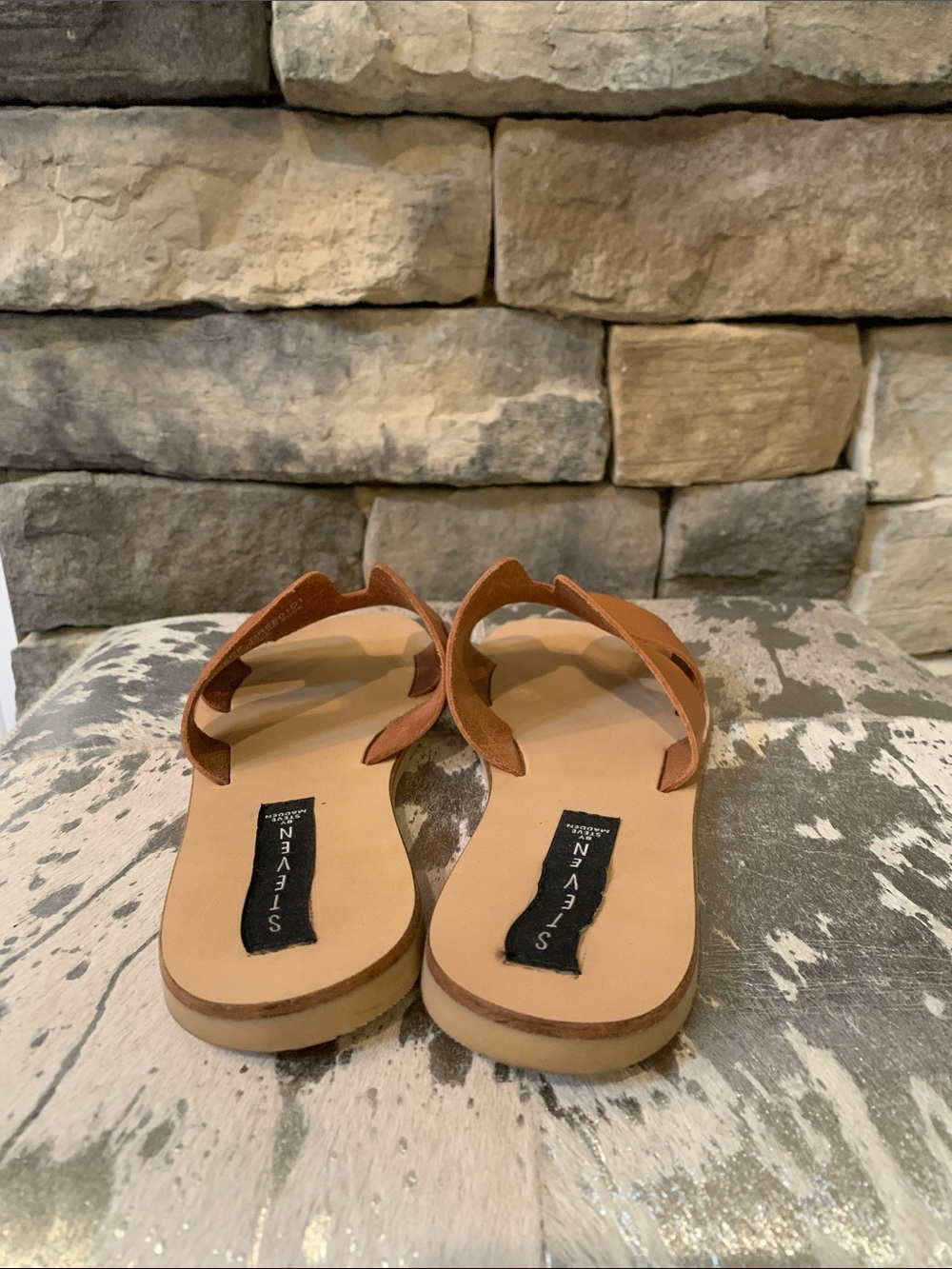 Steven By Steve Madden Cognac Tan Leather Slip-On Sandals - Picture 3 of 7